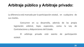 Arbitraje público y Arbitraje privado:
La diferencia está marcada por la participación estatal, en cualquiera de
sus niveles.
Concurren en su desarrollo, además de las propia
legislación arbitral, leyes especiales, como la Ley de
Contrataciones y Adquisiciones del Estado.
El arbitraje privado está exento de participación
estatal.
26
 