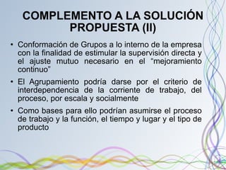 COMPLEMENTO A LA SOLUCIÓN PROPUESTA (II) Conformación de Grupos a lo interno de la empresa con la finalidad de estimular la supervisión directa y el ajuste mutuo necesario en el “mejoramiento continuo” El Agrupamiento podría darse por el criterio de interdependencia de la corriente de trabajo, del proceso, por escala y socialmente Como bases para ello podrían asumirse el proceso de trabajo y la función, el tiempo y lugar y el tipo de producto 