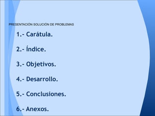 PRESENTACIÓN SOLUCIÓN DE PROBLEMAS


   1.- Carátula.

   2.- Índice.

   3.- Objetivos.

   4.- Desarrollo.

   5.- Conclusiones.

   6.- Anexos.
 