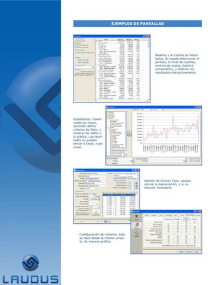 EJEMPLOS DE PANTALLAS




                                             Balance y la Cuenta de Resul-
                                             tados. Se puede seleccionar el
                                             período, el nivel de cuentas,
                                             centros de costos, balance
                                             comparativo, y obtener los
                                             resultados interactivamente.




Estadísticas. Clasifi-
cadas por áreas,
permiten definir
criterios de filtro, y
mostrar los datos o
el gráfico. Los resul-
tados se pueden
enviar a Excel, o por
email.




                                      Gestión de Activos Fijos. Laudus
                                      calcula la depreciación, y la co-
                                      rrección monetaria.




    Configuración del sistema, todo
    se hace desde la misma conso-
    la, de manera gráfica.
 