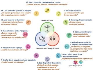 1. Observa e interactúa
„La belleza está en los ojos
del que la percibe”
2. Captura y almacena energía
„Recoge el heno
mientras el sol brilla“
3. Obtén un rendimiento
„No puedes trabajar
con el estómago vacío“
4. Aplica la autorregulación
y acepta la retroalimentación
„Los pecados de los padres
se castigan en los hijos “
5. Usa y valora los servicios
y recursos renovables
„Dejamos que la naturaleza siga su curso“
6. Deja de producir desperdicios
„Evitando producir residuos,
se evita generar carencia“
„Mas vale prevenir que curar“
7. Diseñar desde los patrones hacia los detalles
„El árbol no deja ver el bosque“
8. Integrar más que segregar
„Muchas manos alegran el trabajo“
9. Usar soluciones lentas y pequeñas
„Cuanto más grande,
más dura es la caida“
„Lento y seguro se gana la carrera“
10. Usar y valorar la diversidad
„No pongas todos los huevos
en la misma canasta“
11. Usar los bordes y valorar lo marginal
„No pienses que estás en buen sendero
sólo porque hay muchas pisadas“
12. Usar y responder creativamente al cambio
„La visión no es ver las cosas como son sino como serán“
 