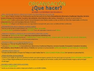 ORGANISACIÓN
AYUDAR A LA SOCIEDAD (NO SALVARLA!)
- CREA UNA PAGINA WEB DE FORMA MUY SIMPLE DE ENTENDER/ DE UTILIZAR CON
*MAPA de tu Pueblo/ Ciudad y los Participantes que forman parte de las Redes Autosuficiencia Alimentaria, Enseñanza/ Alquimia, Servicios
Sociales (Transporte/ Comedores Sociales), Manualidades, Salud-Medicina alternativa y Vivienda (ver ejemplo en presentación)
*INFORMACIÓN (sobre unirse como Pueblo/ Humanidad para crear Redes Locales y crear un Estilo de Vida más responsable, sin dinero e
independiente y fuera del Paradigma llamado ‘Política’)
*‘DONOMETRO’ (Registro de Donaciones con seguimiento transparente para crear un Estilo de Vida sin Dinero)
- PREPARARTE PARA QUE TU HAGAS LA PRESENTACIÓN
* haz las primeras tres presentaciones con personas afines del pueblo
* LLUVIA DE IDEAS y mantener la palabra ‘POLITICA’ fuera de expresión-Creemos en el DIVINO
- ORGANIZA Y REPARTE TAREAS ENTRE LAS PERSONAS AFINES DEL PUEBLO
* concretar un TEXTO DE INVITACIÓN para tres presentaciones definitivas más
* contacta e invita a representantes de COOPERATIVAS Y COLECTIVOS LOCALES, ASOCIACIONES DE VECINOS, CIRCULOS DE ‘PODEMOS’,
ASOCIACIONES DE IMIGRANTES a las tres presentaciones
- PRESENTACIONES 1+2+3 CON ‘REPRESENTANTES’
*concretar un TIPO DE FOLLETO/PANFLETO común
* estructura REDES LOCALES de Autosuficiencia Alimentaria, Enseñanza/ Alquimia, Servicios Sociales (Transporte/ Comedores Sociales),
Manualidades, Salud-Medicina alternativa y Vivienda (ver ejemplo en presentación) ENTRE LOS BARRIOS DE LOS PUEBLOS Y ALREDEDOR
- HÁGANOS SABER COMO ESTAS HACIENDO
* ¿necesitas ayuda/ ideas?
* envía nos el enlace de vuestro mapa para añadirlo a un MAPA GLOBAL
- REDES REGIONALES/NACIONALES
* juntaros con otr@s de distintos pueblos/ciudades que piensan igual y quieren formar parte para estructurar REDES REGIONALES/NACIONALES
* crea un Mapa Regional/Nacional común que se pone en las paginas de las Redes Locales (del Pueblo/Ciudad) ninguna web principal/
Liderazgo!
- ORGANIZA REDES LOCALES
* Grupos de Información y Grupos de Trabajo en cada Pueblo/ Barrio CON ACCIONES PRODUCTIVAS (ver ejemplo en presentación)
 