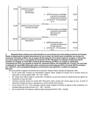 13 
––––––––––––––––––––––– 25-marzo ––––––––––––––––––––– 
44,00 
(40003) Proveedor Almacenes Alimentación 
a 
(40703) Envases y embalajes a devolver al proveedor Almacenes de Alimentos 
40,00 
a 
(47210) H.P., IVA soportado 10 % 
4,00 
14 
––––––––––––––––––––––– 25-marzo ––––––––––––––––––––– 
20,00 
(60202) Compra de tarros envases de aceite 
(40703) Envases y embalajes a devolver al proveedor Almacenes de Alimentos 
20,00 
15 
––––––––––––––––––––––– 28-marzo ––––––––––––––––––––– 
180,00 
(40003) Proveedor Almacenes Alimentación 
a 
(60903) Rappels sobre compras de Almacenes de Alimentación 
163,64 
a 
(47210) H.P., IVA soportado 10 % 
16,36 
5. Margarita Romo trabaja como administrativa en una empresa que comercializa productos de limpieza. Desde el departamento de aprovisionamiento le han enviado una factura para contabilizar una compra de productos valorados en 800 €, que se pagará 30 días después. En la factura aparece recogido un descuento por pronto pago de 50 € y unos gastos de transporte de 30 €. Margarita ha realizado el siguiente asiento contable: ha cargado la cuenta 600. Compras de mercaderías por 800 €, ha cargado la cuenta 624. Transportes por 30 € y ha cargado la cuenta 472. Hacienda Pública, IVA soportado por 174,30 €. Por otro lado, ha abonado la cuenta 606. Descuento sobre compras por pronto pago por 50 € y la cuenta 400 Proveedores por 1.004,30 €. ¿Ha contabilizado Margarita correctamente esta operación? Justifica la respuesta. 
Solución: 
No ha procedido a registrar correctamente la operación. Debería haber actuado del siguiente modo: 
• En la cuenta 600. Compra de mercaderías, debería haber cargado el importe de la compra menos el descuento y más los gastos (800 – 50 + 30 = 780 €). 
• En ningún caso debió cargar la cuenta 624. Transporte, ya que esa cuenta se utilizará para los gastos de transporte en caso de venta. 
• Tampoco procede abonar la cuenta 606. Descuento sobre compra por pronto pago ya que, al estar el descuento incluido en factura, representa un menor importe de la compra. 
• En la cuenta 472. H.P., IVA soportado, debería haber cargado el importe de aplicar el tipo impositivo a la cantidad obtenida anteriormente: 0,21 · 780 = 163,80 €. 
• En la cuenta 400. Proveedores, debería haber abonado 943,80 € (780 + 163,80). 
 