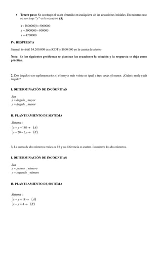    Tercer paso: Se sustituye el valor obtenido en cualquiera de las ecuaciones iniciales. En nuestro caso
       se sustituye “y” en la ecuación (A)

       x  800000   5000000
       x  5000000  800000
       x  4200000

IV. RESPUESTA

Samuel invirtió $4.200.000 en el CDT y $800.000 en la cuenta de ahorro

Nota: En los siguientes problemas se plantean las ecuaciones la solución y la respuesta se deja como
práctica.



2. Dos ángulos son suplementarios si el mayor más veinte es igual a tres veces el menor. ¿Cuánto mide cada
ángulo?


I. DETERMINACIÓN DE INCÓGNITAS

Sea
x  ángulo _ mayor
y  ángulo _ menor


II. PLANTEAMIENTO DE SISTEMA

Sistema :
 x  y  180      A

 x  20  3 y    B 


3. La suma de dos números reales es 18 y su diferencia es cuatro. Encuentre los dos números.


I. DETERMINACIÓN DE INCÓGNITAS

Sea
x  primer _ número
y  segundo _ número


II. PLANTEAMIENTO DE SISTEMA


Sistema :
 x  y  18   A

 x  y  4  B 
 