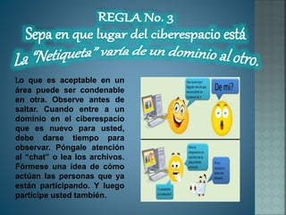 Lo que es aceptable en un
área puede ser condenable
en otra. Observe antes de
saltar. Cuando entre a un
dominio en el ciberespacio
que es nuevo para usted,
debe darse tiempo para
observar. Póngale atención
al “chat” o lea los archivos.
Fórmese una idea de cómo
actúan las personas que ya
están participando. Y luego
participe usted también.
 
