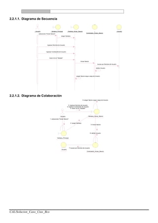 CAL/Solucion_Caso_Ctas_Bco
2.2.1.1. Diagrama de Secuencia
: Usuario : Ventana_Principal : Ventana_Iniciar_Sesion : Usuario:
Controlador_Iniciar_Sesion
seleccionar "Iniciar Sesion"
cargar Ventana
ingresar Nombre de Usuario
ingresar Contraseña de Usuario
hacer clic en "Aceptar"
Iniciar Sesion
buscar por Nombre de Usuario
validar Usuario
cargar Opcion segun cargo de Usuario
2.2.1.2. Diagrama de Colaboración
: Usuario
: Ventana_Principal
: Ventana_Iniciar_Sesion
: Usuario :
Controlador_Iniciar_Sesion
8: validar Usuario
9: cargar Opcion segun cargo de Usuario
1: seleccionar "Iniciar Sesion"
3: ingresar Nombre de Usuario
4: ingresar Contraseña de Usuario
5: hacer clic en "Aceptar"
2: cargar Ventana
6: Iniciar Sesion
7: buscar por Nombre de Usuario
 