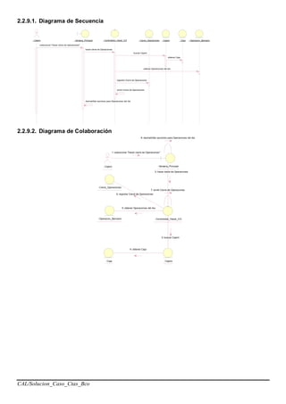 CAL/Solucion_Caso_Ctas_Bco
2.2.9.1. Diagrama de Secuencia
: Cajero : Ventana_Principal : Controlador_Hacer_CO : Cierre_Operaciones : Caja: Cajero : Operacion_Bancario
seleccionar "Hacer cierre de Operaciones"
hacer cierre de Operaciones
buscar Cajero
obtener Caja
obtener Operaciones del dia
registrar Cierre de Operaciones
emitir Cierre de Operaciones
deshabilitar opciones para Operaciones del dia
2.2.9.2. Diagrama de Colaboración
: Cajero : Ventana_Principal
: Cierre_Operaciones
: Caja : Cajero
: Operacion_Bancario
8: deshabilitar opciones para Operaciones del dia
: Controlador_Hacer_CO
7: emitir Cierre de Operaciones
1: seleccionar "Hacer cierre de Operaciones"
2: hacer cierre de Operaciones
6: registrar Cierre de Operaciones
3: buscar Cajero
5: obtener Operaciones del dia
4: obtener Caja
 