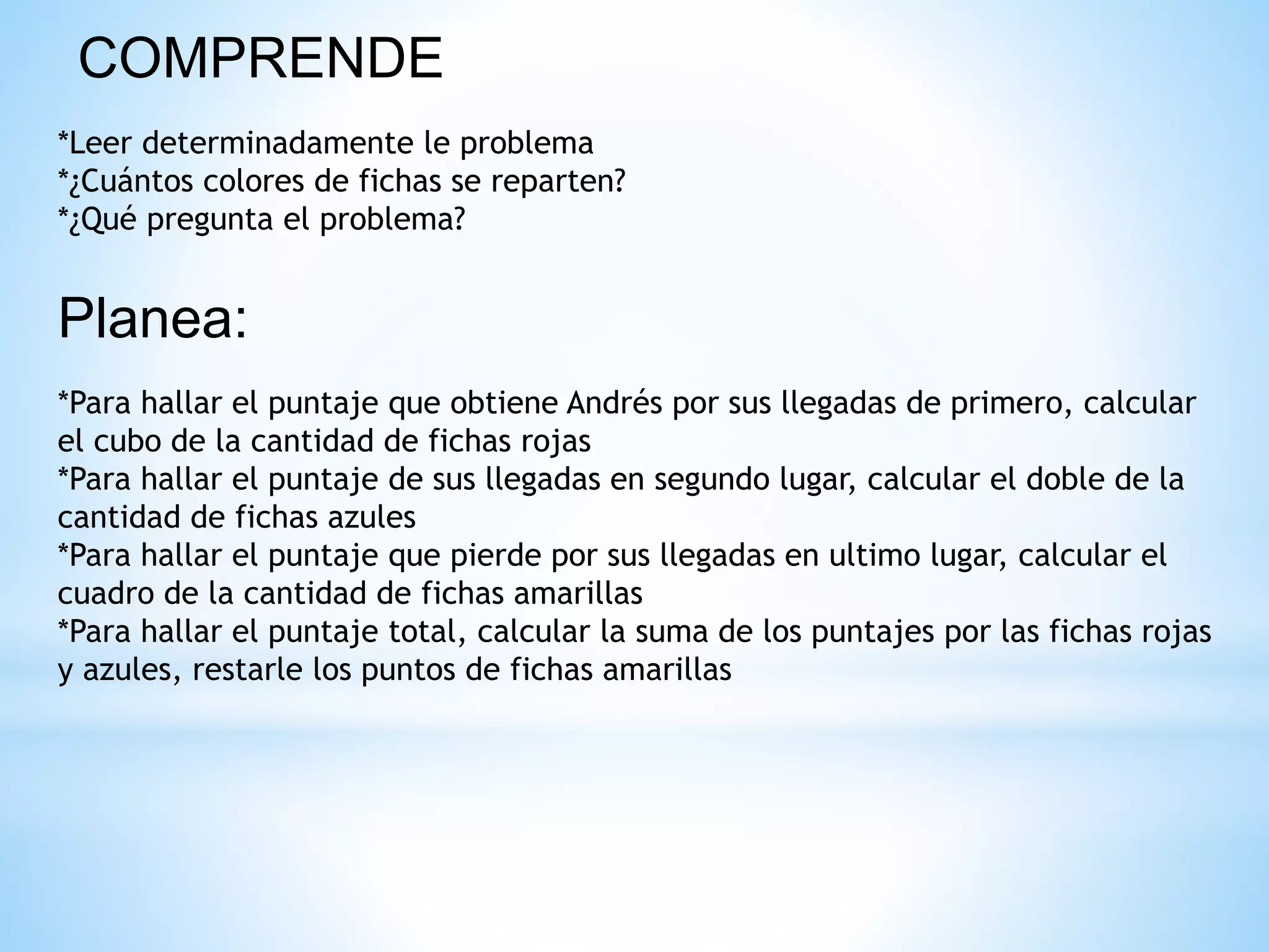 COMPRENDE
*Leer determinadamente le problema
*¿Cuántos colores de fichas se reparten?
*¿Qué pregunta el problema?
Planea:
*Para hallar el puntaje que obtiene Andrés por sus llegadas de primero, calcular
el cubo de la cantidad de fichas rojas
*Para hallar el puntaje de sus llegadas en segundo lugar, calcular el doble de la
cantidad de fichas azules
*Para hallar el puntaje que pierde por sus llegadas en ultimo lugar, calcular el
cuadro de la cantidad de fichas amarillas
*Para hallar el puntaje total, calcular la suma de los puntajes por las fichas rojas
y azules, restarle los puntos de fichas amarillas
 