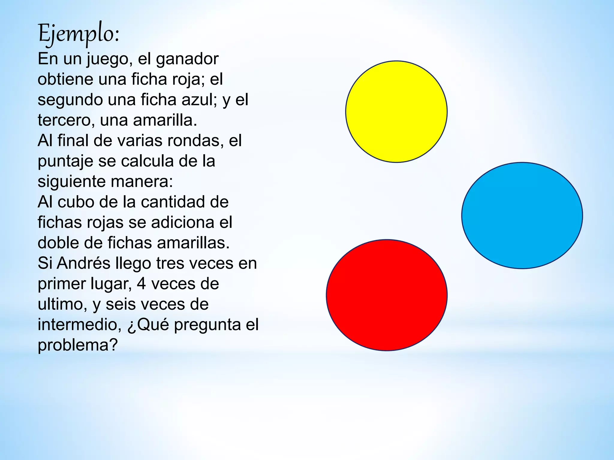 Ejemplo:
En un juego, el ganador
obtiene una ficha roja; el
segundo una ficha azul; y el
tercero, una amarilla.
Al final de varias rondas, el
puntaje se calcula de la
siguiente manera:
Al cubo de la cantidad de
fichas rojas se adiciona el
doble de fichas amarillas.
Si Andrés llego tres veces en
primer lugar, 4 veces de
ultimo, y seis veces de
intermedio, ¿Qué pregunta el
problema?
 