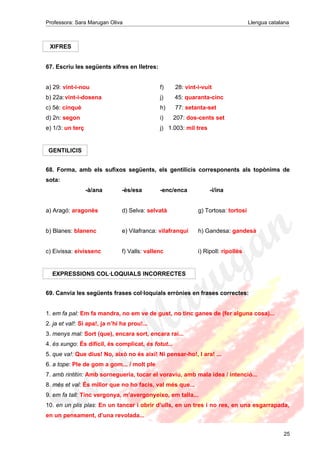 Professora: Sara Marugan Oliva Llengua catalana
XIFRES
67. Escriu les següents xifres en lletres:
a) 29: vint-i-nou f) 28: vint-i-vuit
b) 22a:vint-i-dosena j) 45: quaranta-cinc
c) 5è: cinquè h) 77: setanta-set
d) 2n: segon i) 207: dos-cents set
e) 1/3: un terç j) 1.003: mil tres
GENTILICIS
68. Forma, amb els sufixos següents, els gentilicis corresponents als topònims de
sota:
-à/ana -ès/esa -enc/enca -í/ina
a) Aragó: aragonès d) Selva: selvatà g) Tortosa: tortosí
b) Blanes: blanenc e) Vilafranca: vilafranquí h) Gandesa: gandesà
c) Eivissa: eivissenc f) Valls: vallenc i) Ripoll: ripollès
EXPRESSIONS COL·LOQUIALS INCORRECTES
69. Canvia les següents frases col·loquials errònies en frases correctes:
1. em fa pal: Em fa mandra, no em ve de gust, no tinc ganes de (fer alguna cosa)...
2. ja et val!: Si apa!, ja n’hi ha prou!...
3. menys mal: Sort (que), encara sort, encara rai...
4. és xungo: És difícil, és complicat, és fotut...
5. que va!: Que dius! No, això no és així! Ni pensar-ho!, I ara! ...
6. a tope: Ple de gom a gom... / molt ple
7. amb rintitín: Amb sornegueria, tocar el voraviu, amb mala idea / intenció...
8. més et val: És millor que no ho facis, val més que...
9. em fa tall: Tinc vergonya, m’avergonyeixo, em talla...
10. en un plis plas: En un tancar i obrir d’ulls, en un tres i no res, en una esgarrapada,
en un pensament, d’una revolada...
25
 
