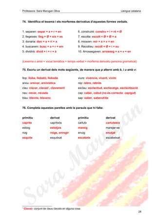 Professora: Sara Marugan Oliva Llengua catalana
74. Identifica el lexema i els morfemes derivatius d’aquestes formes verbals.
1. separen: separ + a + r + en 6. construiré: constru + i + ré + Ø
2. llegeixes: lleg + Ø + eix + es 7. escolta: escolt + Ø + Ø + a
3. donaria: don + a + ri + a 8. miraven: mir + a + v + en
4. buscarem: busc + a + r + em 9. Recollíeu: recoll + Ø + í + eu
5. dividirà: divid + i + r + à 10. Arrossegaven: arrosseg + a + v + en
(Lexema o arrel + vocal temàtica + temps verbal + morfema derivatiu persona gramatical)
75. Escriu un derivat dels mots següents, de manera que p alterni amb b, i u amb v:
llop: lloba, llobató, llobada viure: vivència, vivent, vivim
arxiu: arxivar, arxivística rep: rebre, rebràs
clau: clavar, clavaó3
, clavament esclau: esclavitud, esclavatge, esclavització
neu: nevar, nevada cap: caber, cabut (no és correcta: capigut)
blau: blavós, blavenc sap: saber, saberut/da
76. Completa aquestes parelles amb la paraula que hi falta:
primitiu derivat primitiu derivat
capritx capritxós cartutx cartutxera
estoig estotjos mareig marejar-se
roig roigs, enrogir enuig enutjat
esquitx esquitxat escabetx escabetxat
3
Clavaó: conjunt de claus clavats en alguna cosa.
28
 