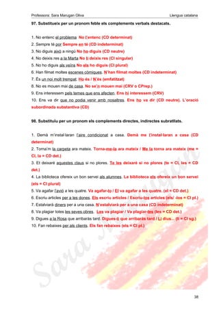Professora: Sara Marugan Oliva Llengua catalana
97. Substitueix per un pronom feble els complements verbals destacats.
1. No entenc el problema No l’entenc (CD determinat)
2. Sempre té por Sempre en té (CD indeterminat)
3. No diguis això a ningú No ho diguis (CD neutre)
4. No deixis res a la Marta No li deixis res (CI singular)
5. No ho diguis als veïns No els ho diguis (CI plural)
6. Han filmat moltes escenes còmiques. N’han filmat moltes (CD indeterminat)
7. És un noi molt trempat. Ho és / N’és (emfatitzat)
8. No es mouen mai de casa. No se’n mouen mai (CRV o CPrep.)
9. Ens interessem pels temes que ens afecten. Ens hi interessem (CRV)
10. Ens va dir que no podia venir amb nosaltres. Ens ho va dir (CD neutre). L’oració
subordinada substantiva (CD)
98. Substituïu per un pronom els complements directes, indirectes subratllats.
1. Demà m’instal·laran l’aire condicionat a casa. Demà me l’instal·laran a casa (CD
determinat)
2. Torna’m la carpeta ara mateix. Torna-me-la ara mateix / Me la torna ara mateix (me =
CI, la = CD det.)
3. Et deixaré aquestes claus si no plores. Te les deixaré si no plores (te = CI, les = CD
det.)
4. La biblioteca ofereix un bon servei als alumnes. La biblioteca els ofereix un bon servei
(els = CI plural)
5. Va agafar l’avió a les quatre. Va agafar-lo / El va agafar a les quatre. (el = CD det.)
6. Escriu articles per a les dones. Els escriu articles / Escriu-los articles (els/ -los = CI pl.)
7. Estalviarà diners per a una casa. N’estalviarà per a una casa (CD indeterminat)
8. Va plagiar totes les seves obres. Les va plagiar / Va plagiar-les (les = CD det.)
9. Digues a la Rosa que arribaràs tard. Digues-li que arribaràs tard / Li dius... (li = CI sg.)
10. Fan rebaixes per als clients. Els fan rebaixes (els = CI pl.)
38
 