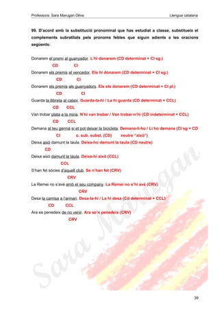 Professora: Sara Marugan Oliva Llengua catalana
99. D’acord amb la substitució pronominal que has estudiat a classe, substitueix el
complements subratllats pels pronoms febles que siguin adients a les oracions
següents:
Donarem el premi al guanyador. L’hi donarem (CD determinat + CI sg.)
CD CI
Donarem els premis al vencedor. Els hi donarem (CD determinat + CI sg.)
CD CI
Donarem els premis als guanyadors. Els els donarem (CD determinat + CI pl.)
CD CI
Guarda la llibreta al calaix. Guarda-la-hi / La hi guarda (CD determinat + CCL)
CD CCL
Van trobar plata a la mina. N’hi van trobar / Van trobar-n’hi (CD indeterminat + CCL)
CD CCL
Demana al teu germà si et pot deixar la bicicleta. Demana-li-ho / Li ho demana (CI sg + CD
CI o. sub. subst. (CD) neutre “això”)
Deixa això damunt la taula. Deixa-ho damunt la taula (CD neutre)
CD
Deixa això damunt la taula. Deixa-hi això (CCL)
CCL
S’han fet sòcies d’aquell club. Se n’han fet (CRV)
CRV
La Remei no s’avé amb el seu company. La Remei no s’hi avé (CRV)
CRV
Desa la camisa a l’armari. Desa-la-hi / La hi desa (Cd determinat + CCL)
CD CCL
Ara es penedeix de no venir. Ara se’n penedeix (CRV)
CRV
39
 