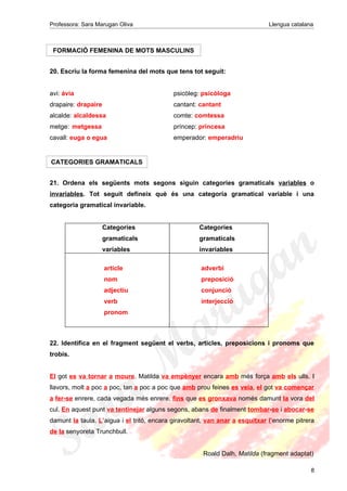 Professora: Sara Marugan Oliva Llengua catalana
FORMACIÓ FEMENINA DE MOTS MASCULINS
20. Escriu la forma femenina del mots que tens tot seguit:
avi: àvia psicòleg: psicòloga
drapaire: drapaire cantant: cantant
alcalde: alcaldessa comte: comtessa
metge: metgessa príncep: princesa
cavall: euga o egua emperador: emperadriu
CATEGORIES GRAMATICALS
21. Ordena els següents mots segons siguin categories gramaticals variables o
invariables. Tot seguit defineix què és una categoria gramatical variable i una
categoria gramatical invariable.
Categories
gramaticals
variables
Categories
gramaticals
invariables
article
nom
adjectiu
verb
pronom
adverbi
preposició
conjunció
interjecció
22. Identifica en el fragment següent el verbs, articles, preposicions i pronoms que
trobis.
El got es va tornar a moure. Matilda va empènyer encara amb més força amb els ulls. I
llavors, molt a poc a poc, tan a poc a poc que amb prou feines es veia, el got va començar
a fer-se enrere, cada vegada més enrere, fins que es gronxava només damunt la vora del
cul. En aquest punt va tentinejar alguns segons, abans de finalment tombar-se i abocar-se
damunt la taula. L’aigua i el tritó, encara giravoltant, van anar a esquitxar l’enorme pitrera
de la senyoreta Trunchbull.
Roald Dalh, Matilda (fragment adaptat)
8
 