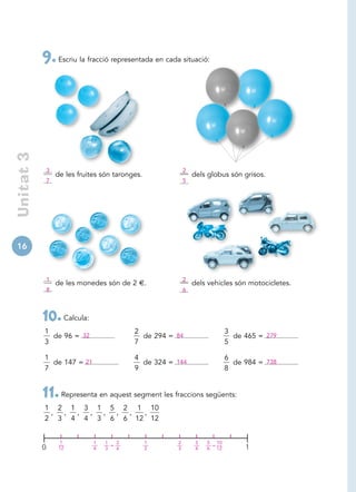 9. Escriu la fracció representada en cada situació:
 Unitat 3




                3                                           2
                    de les fruites són taronges.                dels globus són grisos.
             6
             7                                              6
                                                            5




16


                1                                           2
                    de les monedes són de 2 €.                  dels vehicles són motocicletes.
             6
             8                                              6
                                                            6



            10. Calcula:
            1                                2                              3
              de 96 = 32                       de 294 = 84                    de 465 = 279
            3                                7                              5

            1                                4                              6
              de 147 = 21                      de 324 = 144                   de 984 = 738
            7                                9                              8


            11. Representa en aquest segment les fraccions següents:
            1 2 1 3 1 5 2 1 10
             , , , , , , ,  ,
            2 3 4 4 3 6 6 12 12


                    1           1   1   2          1    2        3   5 10
            0                         =                               =          1
                    12          4   3   6          2    3        4   6 12
 
