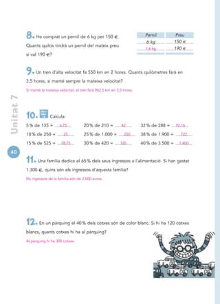 8. He comprat un pernil de 6 kg per 150 €.                             Pernil
                                                                                   6 kg
                                                                                                    Preu
                                                                                                   150 €
            Quants quilos tindrà un pernil del mateix preu
                                                                                   7,6 kg          190 €
            si val 190 €?



            9. Un tren d’alta velocitat fa 550 km en 2 hores. Quants quilòmetres farà en
            3,5 hores, si manté sempre la mateixa velocitat?
            Si manté la mateixa velocitat, el tren farà 962,5 km en 3,5 hores.
 Unitat 7




                    Calcu-

            10.     lado -
                      ra     Calcula:

            5 % de 135 =         6,75          20 % de 210 =          42         32 % de 288 =     92,16

            10 % de 250 =           25         25 % de 1.000 =          250      38 % de 1.900 =     722

            15 % de 525 =         78,75        30 % de 420 =          126        40 % de 3.500 =     1.400

40
            11. Una família dedica el 65 % dels seus ingressos a l’alimentació. Si han gastat
            1.300 €, quins són els ingressos d’aquesta família?
            Els ingressos de la família són de 2.000 euros.




            12. En un pàrquing el 40 % dels cotxes són de color blanc. Si hi ha 120 cotxes
            blancs, quants cotxes hi ha al pàrquing?

            Al pàrquing hi ha 300 cotxes.
 