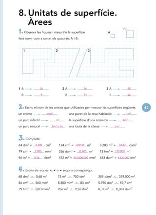 8. Unitats de superfície.
   Àrees
                                                                                        B
1.    Observa les figures i mesura’n la superfície                           A
fent servir com a unitat els quadrats A i B:


     1                            2                           3




1A                  36                  2A               56                 3A                88

  B                 9                      B             14                   B               22




2. Escriu el nom de les unitats que utilitzaries per mesurar les superfícies següents:                43
un cromo                  mm2                  una paret de la teva habitació                 m2

un parc infantil                   m2          la superfície d’una comarca              km2

un parc natural                 hm2 o ha       una taula de la classe             cm2



3. Completa:
64 dm2 =      6.400       cm2         124 cm2 = 0,0124 m2               3.283 m2 =   32,83     dam2

79 cm2 =     7.900       mm2          356 dam2 = 35.600 m2              13 hm2 = 130.000 m2

96 m2 =      0,96        dam2         472 m2 = 472.000.000 mm2          483 dam2 = 4.830.000 dm2



4. Escriu els signes >, < o = segons correspongui:
68 dm2 = 0,68 m2                      75 m2 > 750 dm2               389 dam2 <       389.000 m2

56 cm2 > 560 mm2                      8.300 mm2 = 83 cm2            5.970 dm2 > 59,7 cm2

39 hm2 > 0,039 km2                    956 m2 > 9,56 dm2             8,37 m2 > 0,083 dam2
 