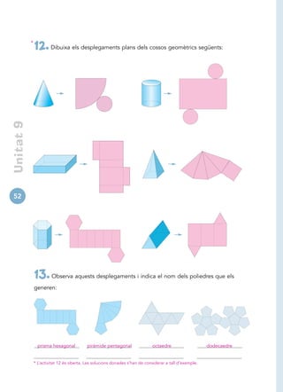 *
                12. Dibuixa els desplegaments plans dels cossos geomètrics següents:
 Unitat 9




52




                13. Observa aquests desplegaments i indica el nom dels poliedres que els
                generen:




                  prisma hexagonal          piràmide pentagonal                octaedre                   dodecaedre


                * L’activitat 12 és oberta. Les solucions donades s’han de considerar a tall d’exemple.
 