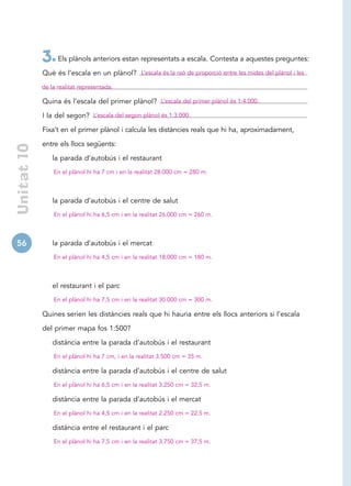 3. Els plànols anteriors estan representats a escala. Contesta a aquestes preguntes:
             Què és l’escala en un plànol? L’escala és la raó de proporció entre les mides del plànol i les
             de la realitat representada.

             Quina és l’escala del primer plànol? L’escala del primer plànol és 1:4.000.

             I la del segon? L’escala del segon plànol és 1:3.000.

             Fixa’t en el primer plànol i calcula les distàncies reals que hi ha, aproximadament,

             entre els llocs següents:
 Unitat 10




                 la parada d’autobús i el restaurant
                 En el plànol hi ha 7 cm i en la realitat 28.000 cm = 280 m.



                 la parada d’autobús i el centre de salut
                 En el plànol hi ha 6,5 cm i en la realitat 26.000 cm = 260 m.



56               la parada d’autobús i el mercat
                 En el plànol hi ha 4,5 cm i en la realitat 18.000 cm = 180 m.



                 el restaurant i el parc
                 En el plànol hi ha 7,5 cm i en la realitat 30.000 cm = 300 m.

             Quines serien les distàncies reals que hi hauria entre els llocs anteriors si l’escala

             del primer mapa fos 1:500?

                 distància entre la parada d’autobús i el restaurant
                 En el plànol hi ha 7 cm, i en la realitat 3.500 cm = 35 m.

                 distància entre la parada d’autobús i el centre de salut
                 En el plànol hi ha 6,5 cm i en la realitat 3.250 cm = 32,5 m.

                 distància entre la parada d’autobús i el mercat
                 En el plànol hi ha 4,5 cm i en la realitat 2.250 cm = 22,5 m.

                 distància entre el restaurant i el parc
                 En el plànol hi ha 7,5 cm i en la realitat 3.750 cm = 37,5 m.
 