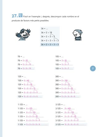 Calcu-

27.    lado -
         ra     Fixa’t en l’exemple i, després, descompon cada nombre en el

producte de factors més petits possibles:



                                                36 = …

                                                36 = 2   18

                                                36 = 2   2    9

                                                36 = 2   2    3     3

                                                36 = 2   2    3     3




      78 = …                                                      105 = …

      78 = 2      39                                              105 = 3   35

      78 = 2      3        13                                     105 = 3   5     7

      78 = 2      3        13                                     105 = 3   5     7                    7


      120 = …                                                     300 = …

      120 = 2         60                                          300 = 2   150

      120 = 2         2     30                                    300 = 2   2     75

      120 = 2         2     2    15                               300 = 2   2     3     25

      120 = 2         2     2    3     5                          300 = 2   2     3     5     5

      120 = 2         2     2    3     5                          300 = 2   2     3     5     5



      1.125 = …                                                   3.125 = …

      1.125 = 3            375                                    3.125 =   5     625

      1.125 = 3            3     125                              3.125 =   5     5     125

      1.125 = 3            3     5     25                         3.125 =   5     5     5     25

      1.125 = 3            3     5     5    5                     3.125 =   5     5     5     5    5

      1.125 = 3            3     5     5    5                     3.125 == 5      5     5     5    5
 