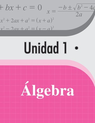 Álgebra
Unidad 1
Unidad 1
x ax a x a
x ax a x a
2
2
2 2 2
2 2 2
+ + = +
- + = -
^
^
h
h
x a
b b a
2
4
2
!
=
- -
0
bx c
+ + =
 