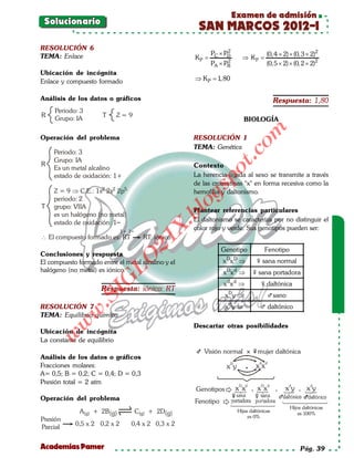 Examen de admisión
 Solucionario
                                                        SAN MARCOS 2012-I
RESOLUCIÓN 6                                                      2
TEMA: Enlace                                                PC × PD                   (0, 4 × 2) × (0, 3 × 2)2
                                                      =
                                                      KP          2
                                                                          ⇒ KP
                                                                          =
                                                            PA × PB                   (0, 5 × 2) × (0, 2 × 2)2
Ubicación de incógnita
Enlace y compuesto formado                             ⇒ KP =
                                                            1, 80


Análisis de los datos o gráficos                                                           Respuesta: 1,80
     Periodo: 3
R                     T    Z=9
     Grupo: IA                                                              BIOLOGÍA




                                                                             om
Operación del problema                                RESOLUCIÓN 1
                                                      TEMA: Genética
    Periodo: 3




                                                                    t.c
    Grupo: IA
R                                                     Contexto
    Es un metal alcalino




                                                            po
    estado de oxidación: 1+                           La herencia lígada al sexo se transmite a través
                                                      de las cromatinas "x" en forma recesiva como la



                                                       gs
    Z = 9 ⇒ C.E.: 1s2 2s2 2p5                         hemofilia y daltonismo.
    periodo: 2
T   grupo: VIIA                                         o
                                                      Plantear referencias particulares
                                                     bl
    es un halógeno (no metal)
    estado de oxidación: 1–                           El daltonismo se caracteriza por no distinguir el
                                              X.

                              1+ 1–
                                                      color rojo y verde. Sus genotipos pueden ser:
∴ El compuesto formado es: RT           RT: iónico
                                        21



                                                                  Genotipo           Fenotipo
Conclusiones y respuesta
                           LO




El compuesto formado entre el metal alcalino y el                 x Dx D ⇒        sana normal
halógeno (no metal) es iónico.                                    x Dx d ⇒      sana portadora
                          G




                                                                  x dx d ⇒          daltónica
                      Respuesta: iónico: RT
                     I




                                                                   x Dy ⇒                sano
                  .S




RESOLUCIÓN 7                                                       x dy ⇒           daltónico
            w




TEMA: Equilibrio químico
          w




                                                      Descartar otras posibilidades
Ubicación de incógnita
    w




La constante de equilibrio
                                                          Visión normal           mujer daltónica
Análisis de los datos o gráficos
                                                                                  d d
Fracciones molares:                                                 D
                                                                   xy            xx
A= 0,5; B = 0,2; C = 0,4; D = 0,3
Presión total = 2 atm                                                   D d        D d           d        d
                                                       Genotipos        xx , xx            ,   xy , xy
Operación del problema                                 Fenotipo
                                                                                                 Hijos daltónicas
              A(g) + 2B (g)           C(g) + 2D(g)                      Hijas daltónicas
                                                                                                     es 100%
                                                                             es 0%
Presión
            0,5 x 2 0,2 x 2       0,4 x 2 0,3 x 2
Parcial


Academias Pamer                                                                                      Pág. 39
 