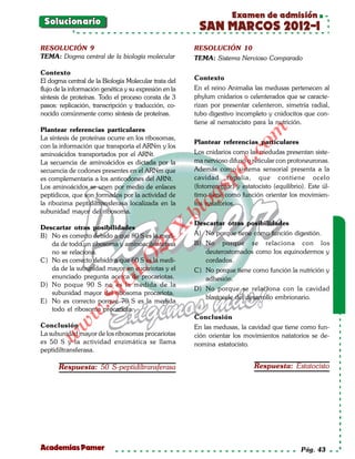 Examen de admisión
 Solucionario
                                                         SAN MARCOS 2012-I
RESOLUCIÓN 9                                            RESOLUCIÓN 10
TEMA: Dogma central de la biología molecular            TEMA: Sistema Nervioso Comparado

Contexto
El dogma central de la Biología Molecular trata del     Contexto
flujo de la información genética y su expresión en la   En el reino Animalia las medusas pertenecen al
síntesis de proteínas. Todo el proceso consta de 3      phylum cnidarios o celenterados que se caracte-
pasos: replicación, transcripción y traducción, co-     rizan por presentar celenteron, simetría radial,
nocido comúnmente como síntesis de proteínas.           tubo digestivo incompleto y cnidocitos que con-
                                                        tiene al nematocisto para la nutrición.
Plantear referencias particulares




                                                                            om
La síntesis de proteínas ocurre en los ribosomas,
                                                        Plantear referencias particulares
con la información que transporta el ARNm y los
                                                        Los cnidarios como las medudas presentan siste-




                                                                     t.c
aminoácidos transportados por el ARNt.
La secuencia de aminoácidos es dictada por la           ma nervioso difuso o reticular con protoneuronas.
secuencia de codones presentes en el ARNm que           Además como sistema sensorial presenta a la




                                                              po
es complementaria a los anticodones del ARNt.           cavidad ropalia, que contiene ocelo
Los aminoácidos se unen por medio de enlaces            (fotorreceptor) y estatocisto (equilibrio). Este úl-



                                                        gs
peptídicos, que son formados por la actividad de        timo tiene como función orientar los movimien-
la ribozima peptidiltransferasa localizada en la       otos natatorios.
subunidad mayor del ribosoma.
                                                    bl
                                                        Descartar otras posibilidades
                                              X.

Descartar otras posibilidades
B) No es correcto debido a que 80 S es la medi-         A) No porque tiene como función digestión.
                                       21



   da de todo un ribosoma y aminoacilsintetasa          B) No porque se relaciona con los
   no se relaciona.                                        deuterostomados como los equinodermos y
                           LO




C) No es correcto debido a que 60 S es la medi-            cordados.
   da de la subunidad mayor en eucariotas y el          C) No porque tiene como función la nutrición y
   enunciado pregunta acerca de procariotas.               adhesión.
                          G




D) No poque 90 S no es la medida de la
                                                        D) No porque se relaciona con la cavidad
                     I




   subunidad mayor del ribosoma procariota.
                                                           blastocele del desarrollo embrionario.
                  .S




E) No es correcto porque 70 S es la medida
   todo el ribosoma procariota.
             w




                                                        Conclusión
         w




Conclusión                                              En las medusas, la cavidad que tiene como fun-
La subunidad mayor de los ribosomas procariotas         ción orientar los movimientos natatorios se de-
    w




es 50 S y la actividad enzimática se llama              nomina estatocisto.
peptidiltransferasa.

       Respuesta: 50 S-peptidiltransferasa                                     Respuesta: Estatocisto




Academias Pamer                                                                                  Pág. 43
 