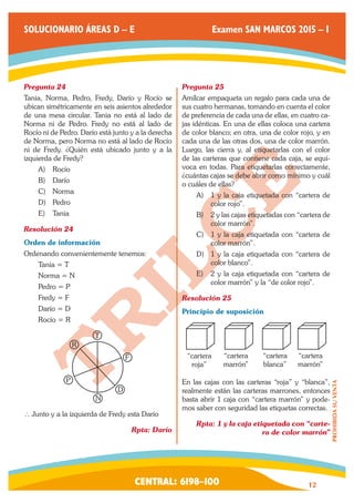 CENTRAL: 6198–100 12 
PROHIBIDA SU VENTA 
SOLUCIONARIO ÁREAS D – E Examen SAN MARCOS 2015 – I 
Pregunta 24 
Tania, Norma, Pedro, Fredy, Darío y Rocío se 
ubican simétricamente en seis asientos alrededor 
de una mesa circular. Tania no está al lado de 
Norma ni de Pedro. Fredy no está al lado de 
Rocío ni de Pedro. Darío está junto y a la derecha 
de Norma, pero Norma no está al lado de Rocío 
ni de Fredy. ¿Quién está ubicado junto y a la 
izquierda de Fredy? 
A) Rocío 
B) Darío 
C) Norma 
D) Pedro 
E) Tania 
Resolución 24 
Orden de información 
Ordenando convenientemente tenemos: 
Tania = T 
Norma = N 
Pedro = P 
Fredy = F 
Darío = D 
Rocío = R 
T 
R 
F 
D 
N 
P 
∴ Junto y a la izquierda de Fredy esta Darío 
Rpta: Darío 
Pregunta 25 
Amílcar empaqueta un regalo para cada una de 
sus cuatro hermanas, tomando en cuenta el color 
de preferencia de cada una de ellas, en cuatro ca-jas 
idénticas. En una de ellas coloca una cartera 
de color blanco; en otra, una de color rojo, y en 
cada una de las otras dos, una de color marrón. 
Luego, las cierra y, al etiquetarlas con el color 
de las carteras que contiene cada caja, se equi-voca 
en todas. Para etiquetarlas correctamente, 
¿cuántas cajas se debe abrir como mínimo y cuál 
o cuáles de ellas? 
A) 1 y la caja etiquetada con “cartera de 
color rojo”. 
B) 2 y las cajas etiquetadas con “cartera de 
color marrón”. 
C) 1 y la caja etiquetada con “cartera de 
color marrón”. 
D) 1 y la caja etiquetada con “cartera de 
color blanco”. 
E) 2 y la caja etiquetada con “cartera de 
color marrón” y la “de color rojo”. 
Resolución 25 
Principio de suposición 
“cartera 
roja” 
“cartera 
marrón” 
“cartera 
blanca” 
“cartera 
marrón” 
En las cajas con las carteras “roja” y “blanca”, 
realmente están las carteras marrones, entonces 
basta abrir 1 caja con “cartera marrón” y pode-mos 
saber con seguridad las etiquetas correctas. 
Rpta: 1 y la caja etiquetada con “carte-ra 
de color marrón” 
 