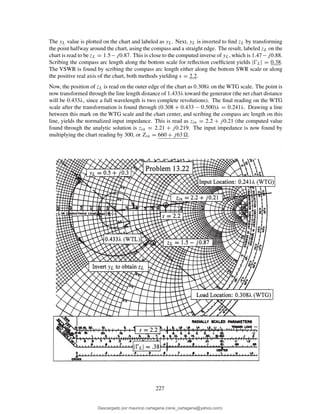 The yL value is plotted on the chart and labeled as yL. Next, yL is inverted to ﬁnd zL by transforming
the point halfway around the chart, using the compass and a straight edge. The result, labeled zL on the
chart is read to be zL = 1.5−j0.87. This is close to the computed inverse of yL, which is 1.47−j0.88.
Scribing the compass arc length along the bottom scale for reﬂection coefﬁcient yields |ŴL| = 0.38.
The VSWR is found by scribing the compass arc length either along the bottom SWR scale or along
the positive real axis of the chart, both methods yielding s = 2.2.
Now, the position of zL is read on the outer edge of the chart as 0.308λ on the WTG scale. The point is
now transformed through the line length distance of 1.433λ toward the generator (the net chart distance
will be 0.433λ, since a full wavelength is two complete revolutions). The ﬁnal reading on the WTG
scale after the transformation is found through (0.308 + 0.433 − 0.500)λ = 0.241λ. Drawing a line
between this mark on the WTG scale and the chart center, and scribing the compass arc length on this
line, yields the normalized input impedance. This is read as zin = 2.2 + j0.21 (the computed value
found through the analytic solution is zin = 2.21 + j0.219. The input impedance is now found by
multiplying the chart reading by 300, or Zin = 660 + j63 .
227
Descargado por mauricio cartagena (rene_cartagena@yahoo.com)
lOMoARcPSD|5423334
 