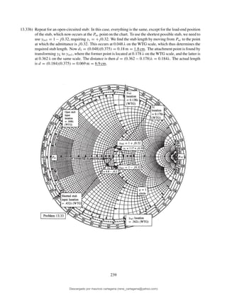 13.33b) Repeat for an open-circuited stub: In this case, everything is the same, except for the load-end position
of the stub, which now occurs at the Poc point on the chart. To use the shortest possible stub, we need to
use yin1 = 1−j0.32, requiring ys = +j0.32. We ﬁnd the stub length by moving from Poc to the point
at which the admittance is j0.32. This occurs at 0.048 λ on the WTG scale, which thus determines the
required stub length. Now d1 = (0.048)(0.375) = 0.18 m = 1.8 cm. The attachment point is found by
transforming yL to yin1, where the former point is located at 0.178 λ on the WTG scale, and the latter is
at 0.362 λ on the same scale. The distance is then d = (0.362 − 0.178)λ = 0.184λ. The actual length
is d = (0.184)(0.375) = 0.069 m = 6.9 cm.
239
Descargado por mauricio cartagena (rene_cartagena@yahoo.com)
lOMoARcPSD|5423334
 