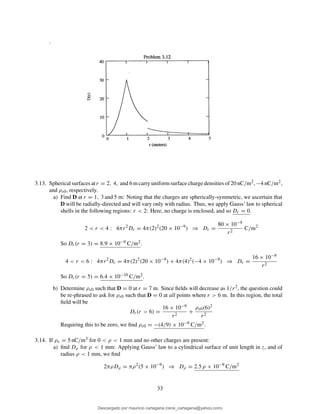 .
3.13. Spherical surfaces at r = 2, 4, and 6 m carry uniform surface charge densities of 20 nC/m2, −4 nC/m2,
and ρs0, respectively.
a) Find D at r = 1, 3 and 5 m: Noting that the charges are spherically-symmetric, we ascertain that
D will be radially-directed and will vary only with radius. Thus, we apply Gauss’ law to spherical
shells in the following regions: r < 2: Here, no charge is enclosed, and so Dr = 0.
2 < r < 4 : 4πr2
Dr = 4π(2)2
(20 × 10−9
) ⇒ Dr =
80 × 10−9
r2
C/m2
So Dr(r = 3) = 8.9 × 10−9 C/m2.
4 < r < 6 : 4πr2
Dr = 4π(2)2
(20 × 10−9
) + 4π(4)2
(−4 × 10−9
) ⇒ Dr =
16 × 10−9
r2
So Dr(r = 5) = 6.4 × 10−10 C/m2.
b) Determine ρs0 such that D = 0 at r = 7 m. Since ﬁelds will decrease as 1/r2, the question could
be re-phrased to ask for ρs0 such that D = 0 at all points where r > 6 m. In this region, the total
ﬁeld will be
Dr(r > 6) =
16 × 10−9
r2
+
ρs0(6)2
r2
Requiring this to be zero, we ﬁnd ρs0 = −(4/9) × 10−9 C/m2.
3.14. If ρv = 5 nC/m3 for 0 < ρ < 1 mm and no other charges are present:
a) ﬁnd Dρ for ρ < 1 mm: Applying Gauss’ law to a cylindrical surface of unit length in z, and of
radius ρ < 1 mm, we ﬁnd
2πρDρ = πρ2
(5 × 10−9
) ⇒ Dρ = 2.5 ρ × 10−9
C/m2
33
Descargado por mauricio cartagena (rene_cartagena@yahoo.com)
lOMoARcPSD|5423334
 