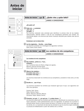 11
www.montenegroeditores.com.mxladasincosto018002773636
Antes de
iniciar
1
1
3
4
2
2
¿De quién es?
Cada uno… y contesten
¿Con qué…?
¿A quién…?
Los alumnos realizarán esta actividad para identificar la primera letra de las tarjetas
seleccionadas, además sabrán a cuál de sus compañeros pertenece ese nombre. Se
recomienda apoyar a los alumnos que tienen muestran dificultad para realizar este tipo de
actividad.
Comienzan con la misma letra
Lee los siguientes… Escribe… como Diego.
Los alumnos anotarán en el rectángulo los siguientes nombres:
Darío, Diana, Dulce, Dante.
Los nombres de mis compañeros
Hay nombres. ¿Cómo se...? Lee...
Comenta...
Las 2 primeras letras de Diana y Diego son iguales.
Manuel y Samuel terminan igual.
Alma y Adán inician con la misma letra.
Observa los nombres…
El nombre más corto…:
El nombre más largo…:
Los alumnos observarán los nombres de sus compañeros y anotarán el más corto y el más
largo.
Escribe en… que el tuyo.
Los alumnos escribirán los nombres que empiezan igual que el suyo. Los siguientes son
sólo unos ejemplos.
Susana: Saúl, Sonia…
Pablo: Patricia, Paola…
Martin: Maricela, Mariana, Marcos
Fernanda: Felipe, Fabiola, Fermín.
Comenta: ¿en qué…?, ¿en qué son…?, ¿cuáles tienen…?
Los alumnos observarán los nombres que escribieron e identificarán los elementos que los
hacen parecidos y harán planteamientos como los siguientes: se parecen en la primera o
primeras letras; tienen el mismo número de letras; mi nombre es más corto o más largo que
los demás, etc. Lo importante de este tipo de actividad es que los alumnos vayan analizando
su proceso de alfabetización a partir del análisis de su nombre.
2
3
4
1
1
2
Antes de iniciar SEP 9 ¿Quién vino y quién faltó?
¡VAMOS A CONOCERNOS!
Antes de iniciar SEP 10 Los nombres de mis compañeros
¡VAMOS A CONOCERNOS!
MDA_SOL_1º_2013_esp-B01.indd 11 17/05/13 17:45
 