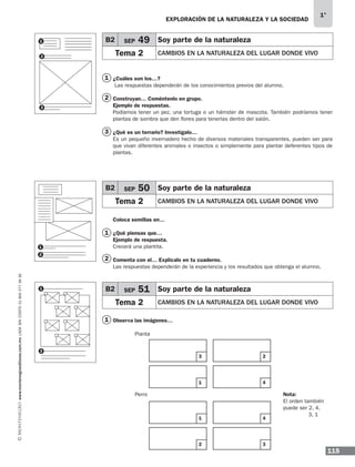 115
1°
www.montenegroeditores.com.mxladasincosto018002773636 EXPLORACIÓN DE LA NATURALEZA Y LA SOCIEDAD
¿Cuáles son los…?	
Las respuestas dependerán de los conocimientos previos del alumno.
Construyan… Coméntenlo en grupo.
Ejemplo de respuestas.
Podíamos tener un pez, una tortuga o un hámster de mascota. También podríamos tener
plantas de sombra que den flores para tenerlas dentro del salón.
¿Qué es un terrario? Investígalo…
Es un pequeño invernadero hecho de diversos materiales transparentes, pueden ser para
que vivan diferentes animales o insectos o simplemente para plantar deferentes tipos de
plantas.
Coloca semillas en…
¿Qué piensas que…
Ejemplo de respuesta.
Crecerá una plantita.
Comenta con el… Explícalo en tu cuaderno.
Las respuestas dependerán de la experiencia y los resultados que obtenga el alumno.
Observa las imágenes…
	Planta
		
	Perro
1
1
3
2
1
2
3
1
1
2
B2 SEP 49 Soy parte de la naturaleza
Tema 2 CAMBIOS EN LA NATURALEZA DEL LUGAR DONDE VIVO
B2 SEP 50 Soy parte de la naturaleza
Tema 2 CAMBIOS EN LA NATURALEZA DEL LUGAR DONDE VIVO
B2 SEP 51 Soy parte de la naturaleza
Tema 2 CAMBIOS EN LA NATURALEZA DEL LUGAR DONDE VIVO
3
1
1
2
2
4
4
3
1
2
2
Nota:
El orden también
puede ser 2, 4,
	 3, 1
MDA 1º SOL 2013 ens.indb 115 17/05/13 18:29
 