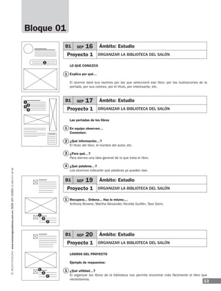 13
www.montenegroeditores.com.mxladasincosto018002773636
B1 SEP 16 Ámbito: Estudio
Proyecto 1 ORGANIZAR LA BIBLIOTECA DEL SALÓN
B1 SEP 17 Ámbito: Estudio
Proyecto 1 ORGANIZAR LA BIBLIOTECA DEL SALÓN
1
1
1
1
2
3
4
LO QUE CONOZCO
Explica por qué…
El alumno dará sus razones por las que seleccionó ese libro: por las ilustraciones de la
portada, por sus colores, por el título, por interesante, etc.
Las portadas de los libros
En equipo observen…
Comenten:
¿Qué información…?
El título del libro, el nombre del autor, etc.
¿Para qué…?
Para darnos una idea general de lo que trata el libro.
¿Qué palabras…?
Los alumnos indicarán qué palabras ya pueden leer.
Recupera... Ordena... Haz lo mismo....
Anthony Browne, Martha Alexander, Nicolás Guillén, Tavo Gomi.
LOGROS DEL PROYECTO
Ejemplo de respuestas:
¿Qué utilidad…?
El organizar los libros de la biblioteca nos permite encontrar más fácilmente el libro que
necesitamos.
1
2
4
3
Bloque 01
1
1
2
2
3
3
B1 SEP 20 Ámbito: Estudio
Proyecto 1 ORGANIZAR LA BIBLIOTECA DEL SALÓN
B1 SEP 19 Ámbito: Estudio
Proyecto 1 ORGANIZAR LA BIBLIOTECA DEL SALÓN
1
MDA_SOL_1º_2013_esp-B01.indd 13 17/05/13 17:45
 