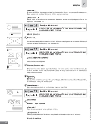 ESPAÑOL
14
1°
www.montenegroeditores.com.mxladasincosto018002773636
¿Para qué…?
El orden alfabético sirve para organizar los títulos de los libros o los nombres de los autores.
Esto nos permite localizar fácilmente el libro que necesitamos.
¿En qué otros…?
En las listas de asistencia, en el directorio telefónico, en los listados de productos, en los
padrones electorales, etc.
LO QUE CONOZCO
Explica qué…
Los alumnos explicarán que en la portada del libro que eligieron se encuentra el título, el
nombre del autor, ilustraciones muy bonitas, etc.
¡A JUGAR CON LAS PALABRAS!
Lo que dicen las imágenes
Observa…Comenta qué…
En el primer cuadro, el de la izquierda, tanto el niño como la niña están leyendo cuentos. En
el de la derecha, el niño está escribiendo y en el de abajo los niños están en la biblioteca
seleccionando un libro.
Comenten:
¿En qué…?
Los alumnos variarán sus respuestas, sin embargo, deben tomar en cuenta el título del libro,
el nombre del autor y las ilustraciones.
¿De qué creen…?
La respuesta dependerá de los libros que eligieron los niños.
LA PORTADA
Comenta… de la izquierda.
¿Para qué…?
Para darnos cuenta del tema qué trata el libro.
¿Qué palabras…?
La respuesta dependerá del avance del proceso de alfabetización de los alumnos.
El título de los libros
1
1
1
2
3
1
2
3
1
B1 SEP 23 Ámbito: Literatura
Proyecto 2 IDENTIFICAR LA INFORMACIÓN QUE PROPORCIONAN LAS
PORTADAS DE LOS TEXTOS
B1 SEP 24 Ámbito: Literatura
Proyecto 2 IDENTIFICAR LA INFORMACIÓN QUE PROPORCIONAN LAS
PORTADAS DE LOS TEXTOS
B1 SEP 22 Ámbito: Literatura
Proyecto 2 IDENTIFICAR LA INFORMACIÓN QUE PROPORCIONAN LAS
PORTADAS DE LOS TEXTOS
2
1
MDA_SOL_1º_2013_esp-B01.indd 14 17/05/13 17:45
 