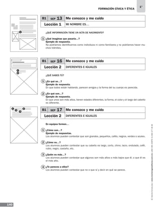 FORMACIÓN CÍVICA Y ÉTICA
140
1°
www.montenegroeditores.com.mxladasincosto018002773636
¿QUÉ INFORMACIÓN TIENE UN ACTA DE NACIMIENTO?
¿Qué imaginas que pasaría…?
Ejemplo de respuesta.
No podríamos identificarnos como individuos ni como familiares y no podríamos hacer mu-
chos trámites.
¿QUÉ SABES TÚ?
¿En qué se…?
Ejemplo de respuesta.
En que todos están hablando, parecen amigos y la forma del su cuerpo es parecida.
¿En qué son…?
Ejemplo de respuesta.
En que unos son más altos, tienen edades diferentes, la forma, el color y el largo del cabello
es diferente.
En equipos formen…
¿Cómo son…?
Ejemplo de respuestas.
Los alumnos pueden contestar que son grandes, pequeños, cafés, negros, verdes o azules.
¿Cómo es…?
Los alumnos pueden contestar que su cabello es largo, corto, chino, lacio, ondulado, café,
rubio, negro, castaño, etc.
¿Quién es más…?
Los alumnos pueden contestar que algunos son más altos o más bajos que él, o que él es
el más alto.
¿Te pareces a ellos?
Los alumnos pueden contestar que no o que sí y decir en qué se parece.
B1 SEP 13 Me conozco y me cuido
Lección 1 MI NOMBRE ES…
B1 SEP 16 Me conozco y me cuido
Lección 2 DIFERENTES E IGUALES
B1 SEP 17 Me conozco y me cuido
Lección 2 DIFERENTES E IGUALES
1
1
1
2
3
4
2
1
1
1 2
3
4
2
MDA 1º 2013 fce.indb 140 17/05/13 18:56
 