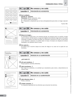 FORMACIÓN CÍVICA Y ÉTICA
144
1°
www.montenegroeditores.com.mxladasincosto018002773636
Con tu alfabeto...
Ejemplo de respuesta.
Prevención: (Del lat. praevento, -onis).
1. f. Acción y efecto de prevenir.
2. f. Preparación y disposición que se hace anticipadamente para evitar un riesgo o ejecutar
algo.
Fuente: RAE
Observa la imagen…
El calentador de agua junto a los tanques del gas, los tanques junto a la estufa, el trapo
sobre la estufa, una lata abierta, el agua del fregador derramándose llega hasta la licuadora
conectada, el jalador, las tijeras de podar, los solventes y pinturas en el piso, un pico junto
a los solventes y pinturas, el cuchillo sobre la mesa, el envase con etiqueta de veneno
destapado y las pastillas sobre la mesa.
Con ayuda de…
Se espera que el alumno ubique las zonas de riesgo en su casa con la ayuda de sus
familiares.
¿QUÉ SABES TÚ?
¿Por qué consideran…?
Porque aportan nutrientes diferentes.
¿Qué necesitamos…?
Que tenga los nutrientes y la cantidad que necesitamos para crecer y desarrollarnos de
manera sana.
¿Qué alimentos deben…?
Frutas y verduras.
¿Cuáles consumen…?
La respuesta dependerá de los alimentos que consuman los alumnos.
1
1
1
1
2
2
2
1
1
2
B1 SEP 28 Me conozco y me cuido
Lección 4 PREVENCIÓN DE ACCIDENTES
B1 SEP 29 Me conozco y me cuido
Lección 4 PREVENCIÓN DE ACCIDENTES
B1 SEP 32 Me conozco y me cuido
Lección 5 RIESGOS EN LA ALIMENTACIÓN
B1 SEP 33 Me conozco y me cuido
Lección 5 RIESGOS EN LA ALIMENTACIÓN
1
1
2
2
MDA 1º 2013 fce.indb 144 17/05/13 18:56
 