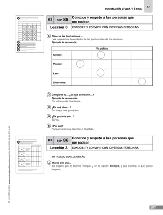 157
1°
www.montenegroeditores.com.mxladasincosto018002773636 FORMACIÓN CÍVICA Y ÉTICA
1
Observa las ilustraciones…
Las respuestas dependerán de las preferencias de los alumnos.
Ejemplo de respuesta.
Yo prefiero
Cuidar:	
	
	
Pasear:	
			
Leer:	
	
	
Divertirme:			
Comparte tu… ¿En qué coinciden…?
Ejemplo de respuestas.
En la forma de divertirnos.
¿En qué otras…?
En lo que nos gusta leer.
¿Te gustaría que…?
Sí/No.
¿Por qué?
Porque sería muy aburrido / divertido.
MI TRABAJO CON LOS DEMÁS
Marca con una...
Se espera que el alumno marque √ en la opción Siempre, y que escriba lo que quiera
mejorar.
B3 SEP 85
Conozco y respeto a las personas que
me rodean
Lección 3 CONOCER Y CONVIVIR CON DIVERSAS PERSONAS
B3 SEP 86
Conozco y respeto a las personas que
me rodean
Lección 3 CONOCER Y CONVIVIR CON DIVERSAS PERSONAS
1
2
3
4
5
1
1
2
3
4
5
MDA 1º 2013 fce.indb 157 17/05/13 18:56
 
