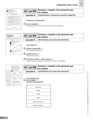 FORMACIÓN CÍVICA Y ÉTICA
160
1°
www.montenegroeditores.com.mxladasincosto018002773636
ESTABLEZCO COMPROMISOS
Llena el siguiente…
Se espera que el alumno llene y cumpla este compromiso.
¿QUÉ SABES TÚ?
¿Cómo se representa…?
Con la Bandera Nacional.
¿Cuáles son sus…?
Verde, blanco y rojo.
Comenten en grupo… ¿Qué normas se…?
Guardar silencio, respetar a la Bandera, saludar a la Bandera.
Para aprender más…
¿Te has fijado…?
Obsérvalo detenidamente...
B3 SEP 93
Conozco y respeto a las personas que
me rodean
Lección 4 APRENDIENDO A RESPETAR NUESTRO AMBIENTE
B3 SEP 94
Conozco y respeto a las personas que
me rodean
Lección 5 FESTIVIDADES QUE NOS DAN IDENTIDAD
B3 SEP 96
Conozco y respeto a las personas que
me rodean
Lección 5 FESTIVIDADES QUE NOS DAN IDENTIDAD
Serpiente
Águila
Lago
Nopal
Hojas de encino
Hojas de laurel
1
1
1
2
3
1
1
1
2
3
MDA 1º 2013 fce.indb 160 17/05/13 18:56
 