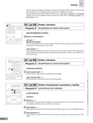 ESPAÑOL
24
1°
www.montenegroeditores.com.mxladasincosto018002773636
historia como de la segunda. También, en la primera historia hablarán sobre la construcción
de un papalote y en la segunda sobre cómo bajar a un gatito de un árbol.
Quizás escriban títulos para la primera historia como: “Los niños y su papalote”, “El papalote
de Luis”, etc. Para la segunda historia pueden ser títulos como: “Salvamos al gatito”, “El
gato travieso”, etc.
PARA RECOMENDAR UN CUENTO
Dicten su recomendación…
¿Por qué…?
Ejemplo de respuesta.
En una recomendación de un libro no debe incluirse el final porque se le quita el interés o
la emoción al lector para leer todo el libro.
¿Qué relación…?
La recomendación debe mencionar el título, el autor y de qué se trata el libro para que el
lector tenga una idea general sobre la información que puede encontrar y se interese por
leer todo el libro.
LOGROS DEL PROYECTO
¿Cómo puedes saber…?
Al leer el título y observar las ilustraciones de la portada.
¿Qué necesitas saber…?
El título del libro, el nombre del autor y el tema que trata.
LO QUE CONOZCO
Comenten…
¿Cómo se…?
Los alumnos mencionarán los medios de comunicación que dan a conocer las noticias en
su localidad: televisión, radio, periódicos, internet, etc.
¿Qué utilidad…?
El periódico te permite leer las noticias tanto del lugar donde vives como de lugares lejanos.
¿Qué información…?
Los periódicos contienen información de tipo social, económica, cultural, deportiva, entre
otras.
1
1
1
2
3
B2 SEP 59 Ámbito: Literatura
Proyecto 5 RECOMENDAR UN CUENTO POR ESCRITO
B2 SEP 60 Ámbito: Literatura
Proyecto 5 RECOMENDAR UN CUENTO POR ESCRITO
B2 SEP 62 Ámbito: Participación comunitaria y familiar
Proyecto 6 LEER NOTICIAS DEL PERIÓDICO
1
1
1
2
3
MDA_SOL_1º_2013_esp-B02.indd 24 17/05/13 17:45
 