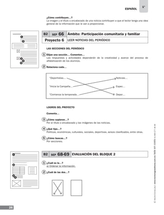 ESPAÑOL
26
1°
www.montenegroeditores.com.mxladasincosto018002773636
¿Cómo contribuyen…?
La imagen y el título o encabezado de una noticia contribuyen a que el lector tenga una idea
general de la información que le van a proporcionar.
LAS SECCIONES DEL PERIÓDICO
Elijan una sección… Comenten…
Las respuestas y actividades dependerán de la creatividad y avance del proceso de
alfabetización de los alumnos.
Relaciona cada…
LOGROS DEL PROYECTO
Comenta…
¿Cómo supieron…?
Por el título o encabezado y las imágenes de las noticias.
¿Qué tipo…?
Politicas, económicas, culturales, sociales, deportivas, avisos clasificados, entre otras.
¿Cómo buscas…?
Por secciones.
¿Cuál es la…?
a) Ordenar la información.
¿Cuál de las dos…?
1
3
2
4
5
1
1
2
4
2
5
3
1
B2 SEP 66 Ámbito: Participación comunitaria y familiar
Proyecto 6 LEER NOTICIAS DEL PERIÓDICO
B2 SEP 68-69 EVALUACIÓN DEL BLOQUE 2
“Deportistas… Noticias…
“Inicia la Campaña… Espec…
“Comienza la temporada… Depor…
2
3
4
MDA_SOL_1º_2013_esp-B02.indd 26 17/05/13 17:45
 