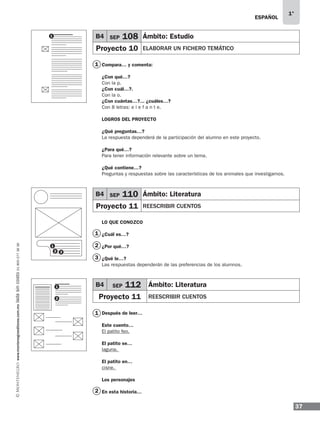 37
1°
www.montenegroeditores.com.mxladasincosto018002773636 ESPAÑOL
1
1
1
2
3
2
Compara… y comenta:
¿Con qué…?
Con la p.
¿Con cuál…?.
Con la o.
¿Con cuántas…?... ¿cuáles…?
Con 8 letras: e l e f a n t e.
LOGROS DEL PROYECTO
¿Qué preguntas…?
La respuesta dependerá de la participación del alumno en este proyecto.
¿Para qué…?
Para tener información relevante sobre un tema.
¿Qué contiene…?
Preguntas y respuestas sobre las características de los animales que investigamos.
LO QUE CONOZCO
¿Cuál es…?
¿Por qué…?
¿Qué le…?
Las respuestas dependerán de las preferencias de los alumnos.
Después de leer…
Este cuento…
El patito feo.
El patito se…
laguna.
El patito en…
cisne.
Los personajes
En esta historia…
B4 SEP 108 Ámbito: Estudio
Proyecto 10 ELABORAR UN FICHERO TEMÁTICO
B4 SEP 110 Ámbito: Literatura
Proyecto 11 REESCRIBIR CUENTOS
B4 SEP 112 Ámbito: Literatura
Proyecto 11 REESCRIBIR CUENTOS
1
1
2
1
2 3
MDA_SOL_1º_2013_esp-B04.indd 37 17/05/13 17:41
 