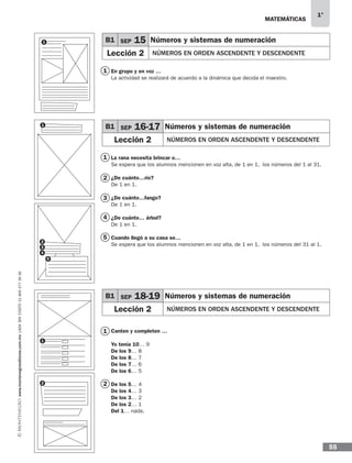 MATEMÁTICAS
1°
www.montenegroeditores.com.mxladasincosto018002773636
55
En grupo y en voz …
La actividad se realizará de acuerdo a la dinámica que decida el maestro.
La rana necesita brincar o…
Se espera que los alumnos mencionen en voz alta, de 1 en 1, los números del 1 al 31.
¿De cuánto…río?
De 1 en 1.
¿De cuánto…fango?
De 1 en 1.
¿De cuánto… árbol?
De 1 en 1.
Cuando llegó a su casa se…
Se espera que los alumnos mencionen en voz alta, de 1 en 1, los números del 31 al 1.
Canten y completen …
Yo tenía 10… 9
De los 9… 8
De los 8… 7
De los 7… 6
De los 6… 5
De los 5… 4
De los 4… 3
De los 3… 2
De los 2… 1
Del 1… nada.
1
2
3
4
5
1
2
1
1
1
B1 SEP 15 Números y sistemas de numeración
Lección 2 NÚMEROS EN ORDEN ASCENDENTE Y DESCENDENTE
B1 SEP 16-17 Números y sistemas de numeración
Lección 2 NÚMEROS EN ORDEN ASCENDENTE Y DESCENDENTE
B1 SEP 18-19 Números y sistemas de numeración
Lección 2 NÚMEROS EN ORDEN ASCENDENTE Y DESCENDENTE
1
2
4
5
3
2
MDA SOL 1º 2013 MAT.indb 55 17/05/13 18:11
 
