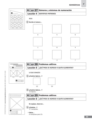 MATEMÁTICAS
1°
www.montenegroeditores.com.mxladasincosto018002773636
59
RETO	
Escribe el número…
LO QUE CONOZCO
¿Cuántos lápices…?
¿Cuántos lápices…?
10 lápices.
En equipos, observen...
¿Cuántas…?
17 mariposas.
Faltan…
6 mariposas para 23.
1
1
B1 SEP 27 Números y sistemas de numeración
Lección 4 IDENTIFICO PATRONES
B1 SEP 28 Problemas aditivos
Lección 5 ¿QUÉ PASA SI AGREGO O QUITO ELEMENTOS?
B1 SEP 29 Problemas aditivos
Lección 5 ¿QUÉ PASA SI AGREGO O QUITO ELEMENTOS?
0 5 6
8 4
3
20
7
1
2
10
1
1
2
1
2
1
•
MDA SOL 1º 2013 MAT.indb 59 17/05/13 18:11
 