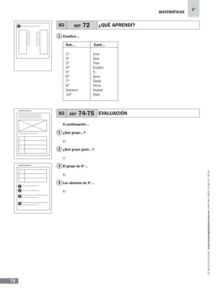 MATEMÁTICAS
1°
www.montenegroeditores.com.mxladasincosto018002773636
72
1
2
3
4
1 Clasifica…
A continuación…
¿Qué grupo…?
a)
¿Qué grupo ganó…?
c)
El grupo de 6º…
b)
Los alumnos de 5º…
b)
B2 SEP 74-75 EVALUACIÓN
B2 SEP 72 ¿QUÉ APRENDÍ?
Ord… Card…
1º
2º
3º
4º
5º
6º
7º
8º
Noveno
10º
Uno
Dos
Tres
Cuatro
5
Seis
Siete
Ocho
Nueve
Diez
1
1
2
3
4
MDA SOL 1º 2013 MAT.indb 72 17/05/13 18:11
 