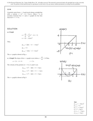38
© 2016 Pearson Education, Inc., Upper Saddle River, NJ. All rights reserved. This material is protected under all copyright laws as they currently
exist. No portion of this material may be reproduced, in any form or by any means, without permission in writing from the publisher.
12–38.
A particle starts from and travels along a straight line
with a velocity , where is in
seconds. Construct the and graphs for the time
interval .
0 … t … 4 s
a-t
v-t
t
v = (t2
- 4t + 3) m s
s = 0
SOLUTION
a–t Graph:
Thus,
The graph is shown in Fig. a.
Graph: The slope of the graph is zero when .Thus,
The velocity of the particle at , 2 s, and 4 s are
The graph is shown in Fig. b.
v-t
v|t=4 s = 42
- 4(4) + 3 = 3 ms
v|t=2 s = 22
- 4(2) + 3 = -1 ms
v|t=0 s = 02
- 4(0) + 3 = 3 ms
t = 0 s
t = 2 s
a = 2t - 4 = 0
a =
dv
dt
= 0
v-t
v–t
a-t
a|t=4 s = 2(4) - 4 = 4 ms2
a|t=2 = 0
a|t=0 = 2(0) - 4 = -4 ms2
a = (2t - 4)ms2
a =
dv
dt
=
d
dt
1t2
- 4t + 32
Ans:
at=0 = -4 ms2
at=2 s = 0
at=4 s = 4 ms2
vt=0 = 3 ms
vt=2 s = -1 ms
vt=4 s = 3 ms
 