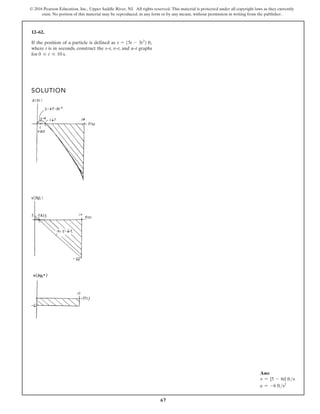 67
© 2016 Pearson Education, Inc., Upper Saddle River, NJ. All rights reserved. This material is protected under all copyright laws as they currently
exist. No portion of this material may be reproduced, in any form or by any means, without permission in writing from the publisher.
12–62.
If the position of a particle is defined as
where t is in seconds, construct the s–t, v–t, and a–t graphs
for 0 … t … 10 s.
s = 15t - 3t2
2 ft,
SOLUTION
Ans:
v = {5 - 6t} fts
a = -6 fts2
 