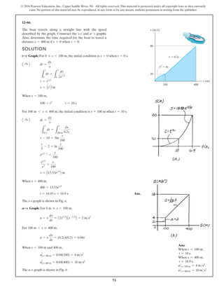 71
© 2016 Pearson Education, Inc., Upper Saddle River, NJ. All rights reserved. This material is protected under all copyright laws as they currently
exist. No portion of this material may be reproduced, in any form or by any means, without permission in writing from the publisher.
12–66.
The boat travels along a straight line with the speed
described by the graph. Construct the and graphs.
Also, determine the time required for the boat to travel a
distance if .
s = 0 when t = 0
s = 400 m
a-s
s–t
SOLUTION
Graph: For , the initial condition is when .
When ,
For , the initial condition is when .
When ,
Ans.
The s–t graph is shown in Fig. a.
Graph: For ,
For ,
When and 400 m,
The a–s graph is shown in Fig. b.
a s=400 m = 0.04(400) = 16 ms2
a s=100 m = 0.04(100) = 4 ms2
s = 100 m
a = v
dv
ds
= (0.2s)(0.2) = 0.04s
100 m 6 s … 400 m
a = v
dv
ds
= A2s12
B As-12
B = 2 ms2
0 m … s 6 100 m
a s
t = 16.93 s = 16.9 s
400 = 13.53et5
s = 400 m
s = A13.53et5
B m
et5
e2
=
s
100
et5-2
=
s
100
t
5
- 2 = ln
s
100
t - 10 = 5ln
s
100
L
t
10 s
dt =
L
s
100 m
ds
0.2s
A :
+ B dt =
ds
v
t = 10 s
s = 100 m
100 6 s … 400 m
100 = t2
t = 10 s
s = 100 m
s = At2
B m
t = s12
L
t
0
dt =
L
s
0
ds
2s12
A :
+ B dt =
ds
v
t = 0 s
s = 0
0 … s 6 100 m
t
v (m/s)
100 400
20
80
s (m)
v2
4s
v 0.2s
s
m
Ans:
When s = 100 m,
t = 10 s.
When s = 400 m,
t = 16.9 s.
as=100 m = 4 ms2
as=400 m = 16 ms2
 