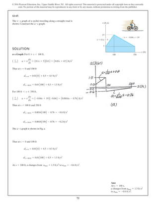 72
© 2016 Pearson Education, Inc., Upper Saddle River, NJ. All rights reserved. This material is protected under all copyright laws as they currently
exist. No portion of this material may be reproduced, in any form or by any means, without permission in writing from the publisher.
12–67.
The graph of a cyclist traveling along a straight road is
shown. Construct the graph.
a-s
v s
SOLUTION
a–s Graph: For ,
Thus at and
For
Thus at
The graph is shown in Fig. a.
Thus at and
At , a changes from to .
amin = -0.6 fts2
amax = 1.5 fts2
s = 100 ft
aƒs=100 ft = 0.01A100B + 0.5 = 1.5 fts2
aƒs=0 = 0.01A0B + 0.5 = 0.5 fts2
100 ft
s = 0
a-s
aƒs=350 ft = 0.0016A350B - 0.76 = -0.2 fts2
aƒ s=100 ft = 0.0016A100B - 0.76 = -0.6 fts2
s = 100 ft and 350 ft
a = v
dv
ds
= A -0.04s + 19B A -0.04B = A0.0016s - 0.76B fts2
A +
: B
100 ft 6 s … 350 ft,
aƒs=100 ft = 0.01A100B + 0.5 = 1.5 fts2
aƒs=0 = 0.01A0B + 0.5 = 0.5 fts2
100 ft
s = 0
a = v
dv
ds
= A0.1s + 5B A0.1B = A0.01s + 0.5B fts2
A +
: B
0 … s 6 100 ft
s (ft)
v (ft/s)
100 350
15
5
v 0.1s 5
v 0.04 s 19
-
Ans:
At s = 100 s,
a changes from amax = 1.5 fts2
to amin = -0.6 fts2
.
 