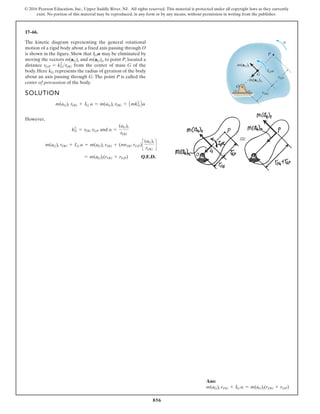 856
© 2016 Pearson Education, Inc., Upper Saddle River, NJ. All rights reserved. This material is protected under all copyright laws as they currently
exist. No portion of this material may be reproduced, in any form or by any means, without permission in writing from the publisher.
17–66.
The kinetic diagram representing the general rotational
motion of a rigid body about a fixed axis passing through O
is shown in the figure. Show that may be eliminated by
moving the vectors and to point P, located a
distance from the center of mass G of the
body. Here represents the radius of gyration of the body
about an axis passing through G. The point P is called the
center of percussion of the body.
kG
rGP = k2
GrOG
m(aG)n
m(aG)t
IGA
SOLUTION
However,
and
Q.E.D.
= m(aG)t(rOG + rGP)
m(aG)t rOG + IG a = m(aG)t rOG + (mrOG rGP)c
(aG)t
rOG
d
a =
(aG)t
rOG
k2
G = rOG rGP
m(aG)t rOG + IG a = m(aG)t rOG + Amk2
GBa
rGP
rOG
m(aG)n
G
IG
m(aG)t
O
P
a
a
Ans:
m(aG)t rOG + IG a = m(aG)t(rOG + rGP)
 